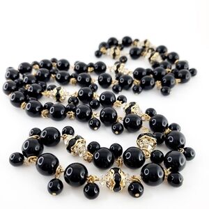 Vintage Glass Bead Necklace Black + Rhinestones